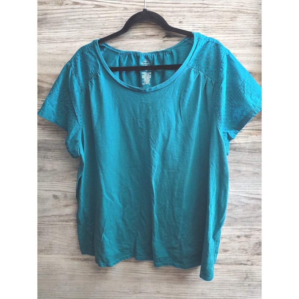 St Johns Bay Woman Top Plus Size 3X XXX Teal S/S Eyelet Casual Feminine Shirt